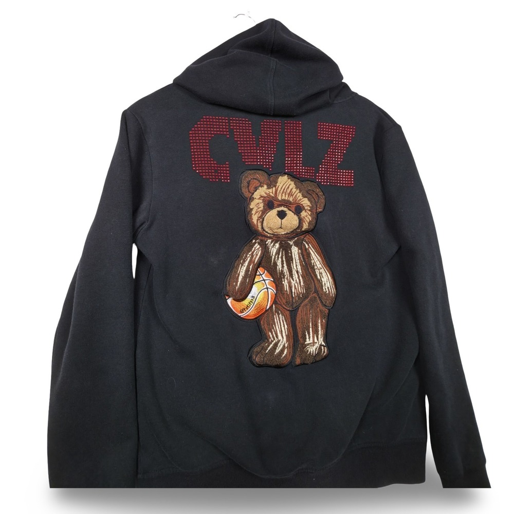 CivilizeD Black Basketball Teddy Bear Rhinestone Zip Hoodie Small Streetwear Y2K - Picture 7 of 12